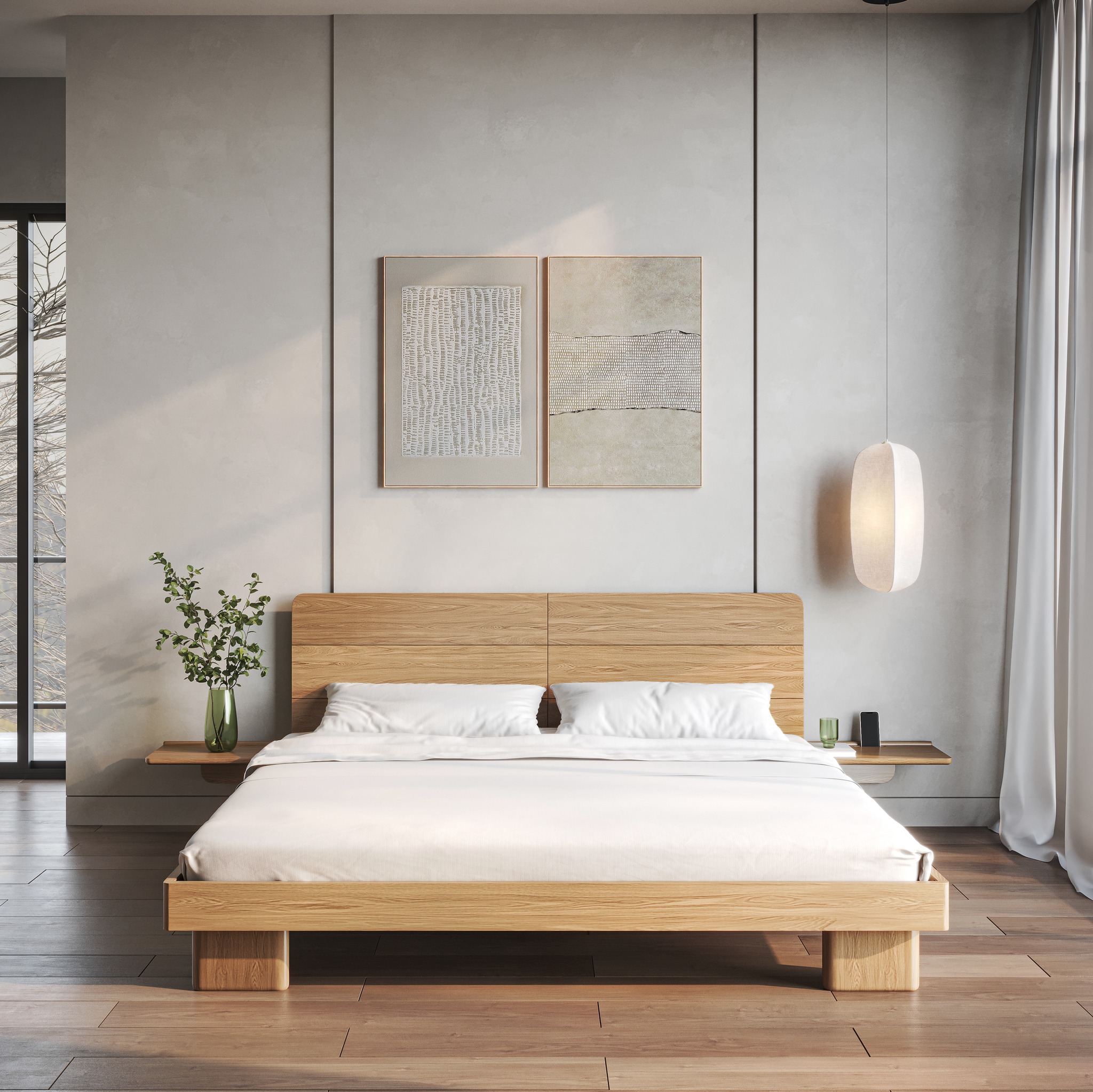 white and wood bedroom