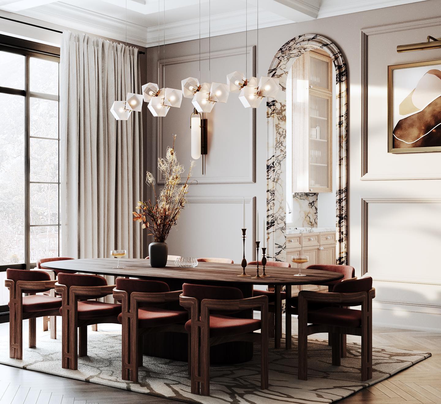 high ceiling dining room