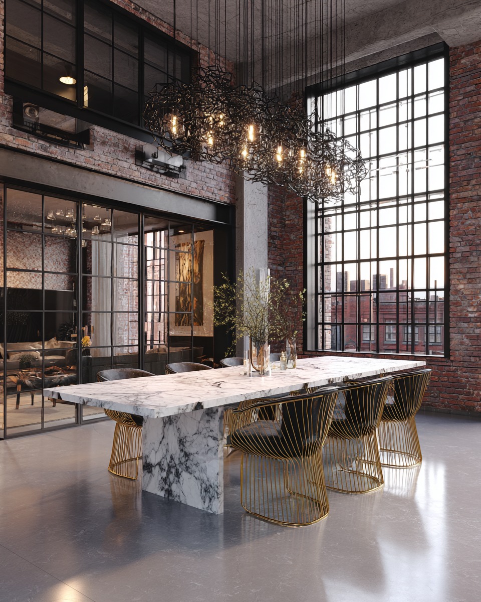 high ceiling dining room